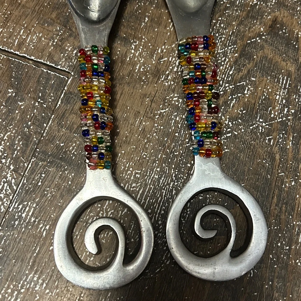 Decorative Beaded MCM Polished Aluminum Salad Fork ‎ Spoon Round End Handle 9”
